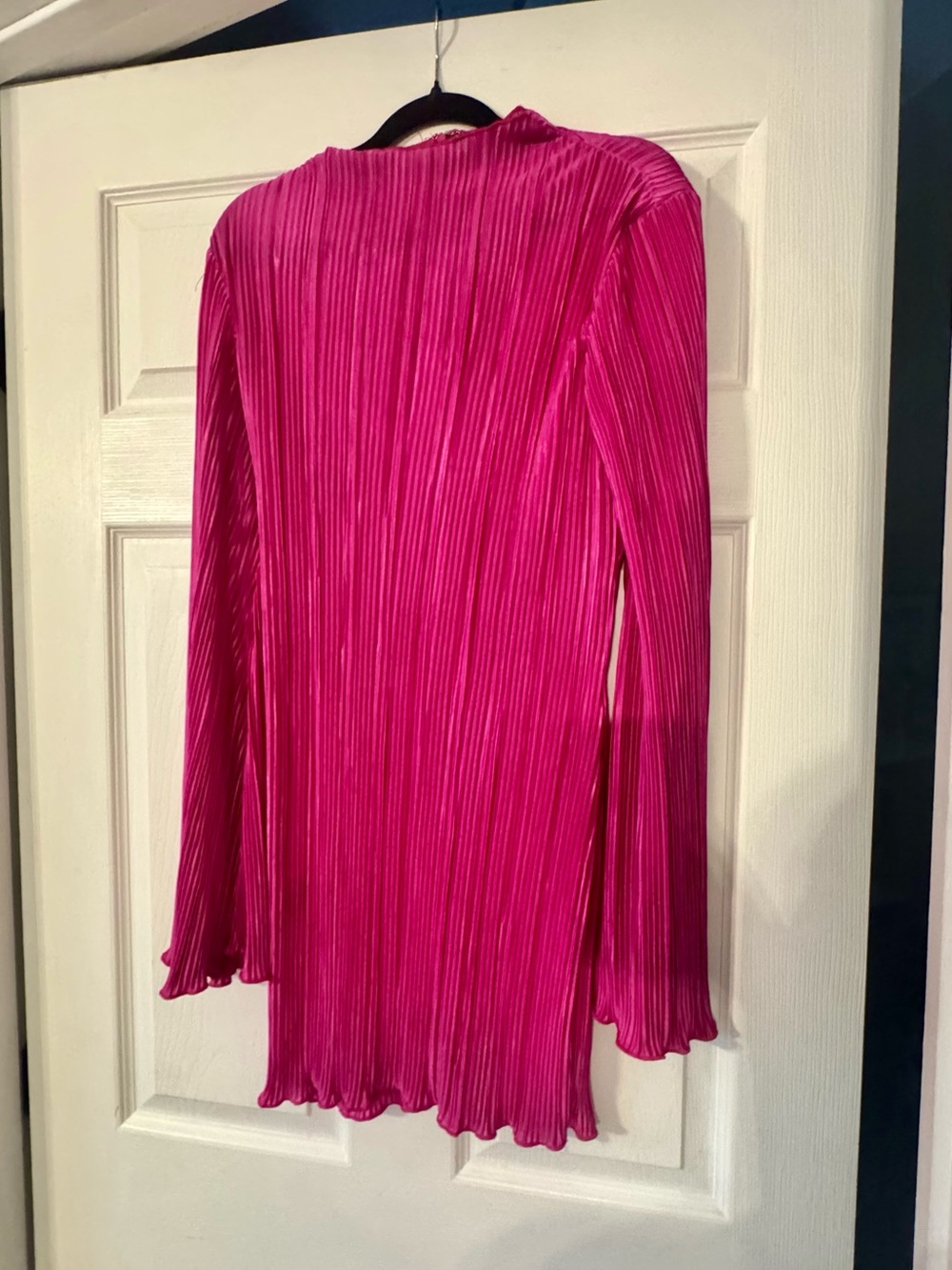 Pleated Long-Sleeve Mini Dress in Vibrant Fuchsia